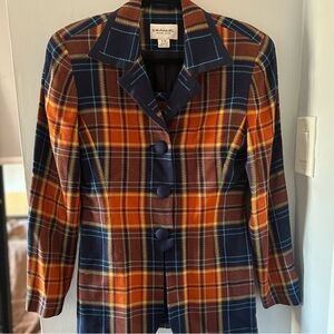 Vintage Italian Plaid Jacket and Skirt Suit Set - Navy, Orange, and Blue tones